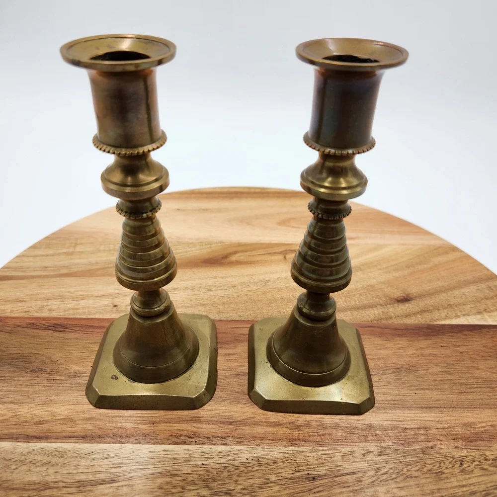 VTG Solid Brass Beehive Candlestick Holders Pair Square Base 6.75
